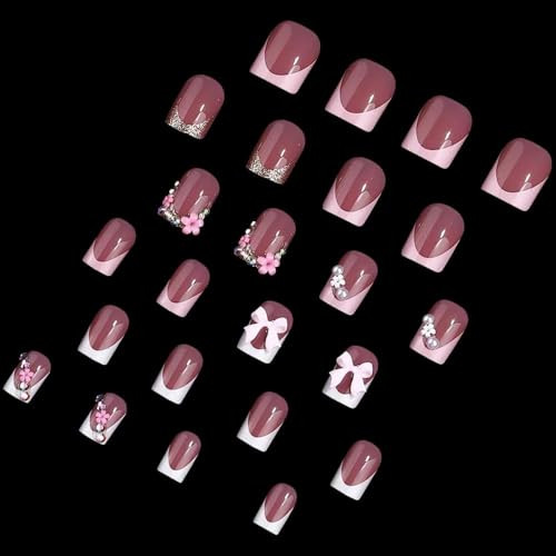 French Tip Press on Nails Short Square Fake Nails Nude Glossy False Nails with