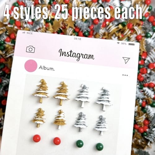 100Pcs Christmas Nail Charms and Gems Gold Silver Christmas Tree Nail Green