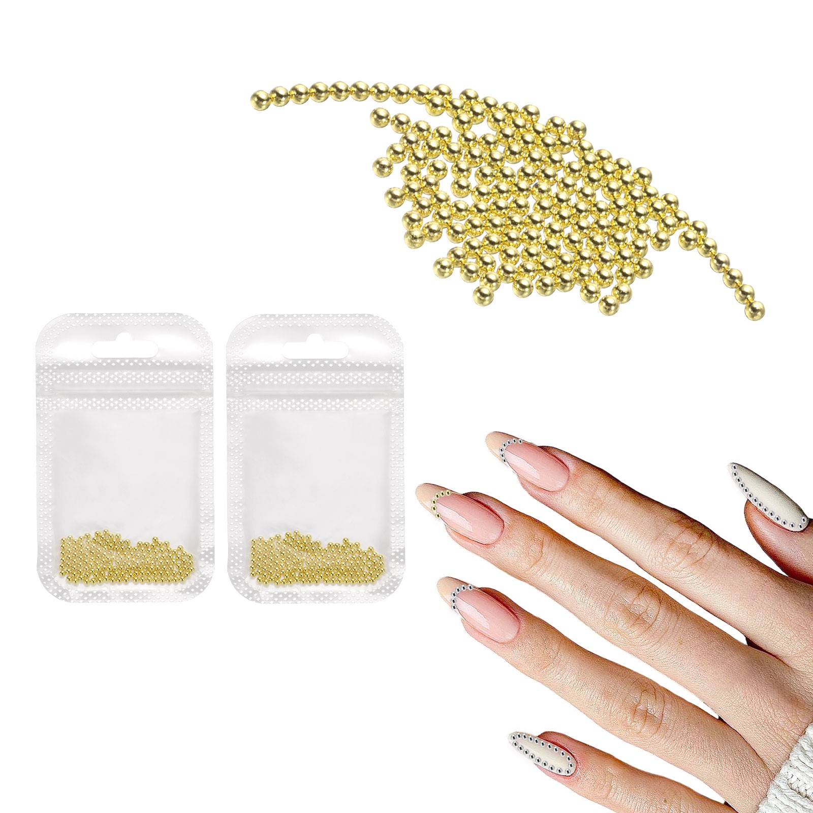 2pcs Nail Art Beads 0.08″ Mini Metal Caviar Nails Beads Ball with Bag Gold)