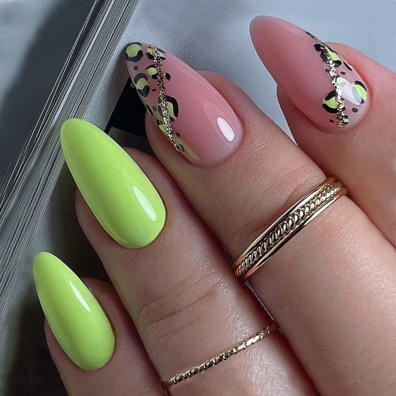 48pcs-Bright Green & Pink Nails, Almond with Leopard Print and Gold Line Accents