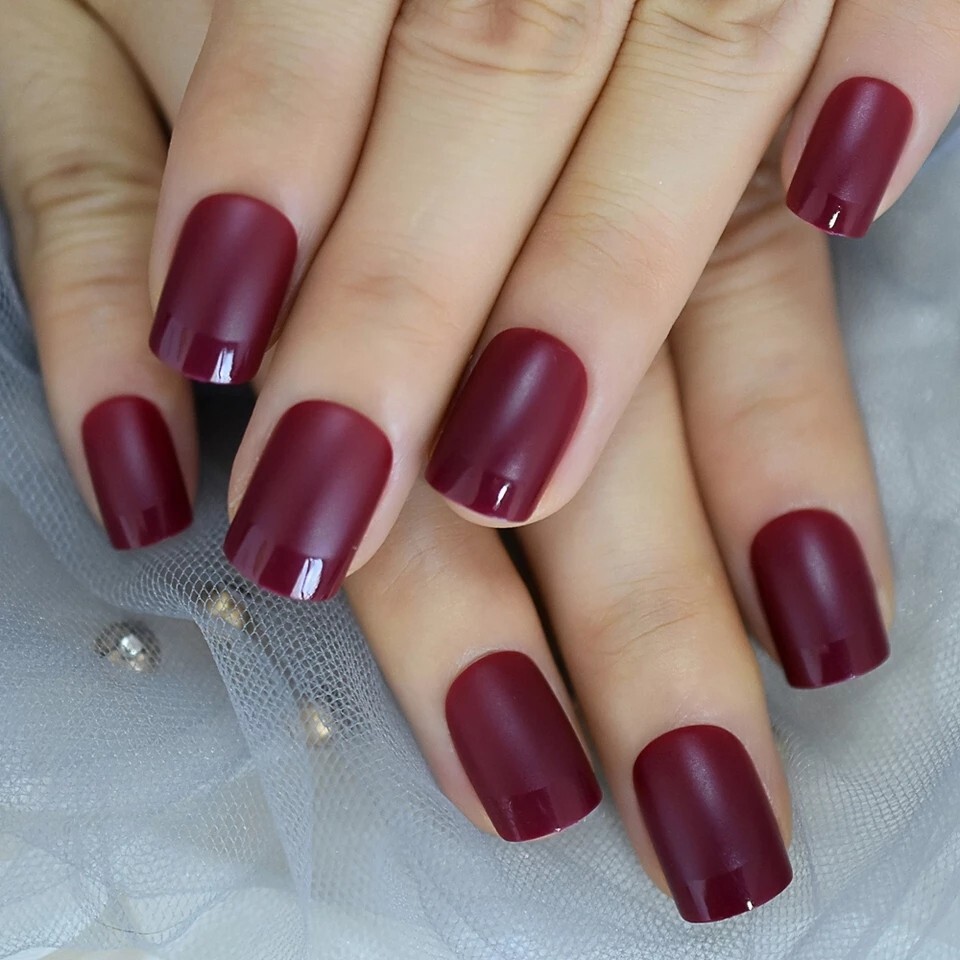 24 Short Burgundy Maroon Press On Nails kit glue on dark wine red purple berry