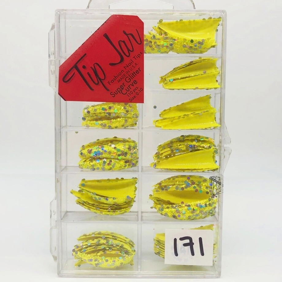 Brand New Tip Jar Fake Nail Tips – Yellow Stiletto with Chunky Glitter (#171)