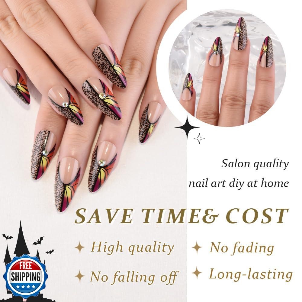 Nude Press on Fake Nails Medium Almond with Black Rose Design, Press on Nails