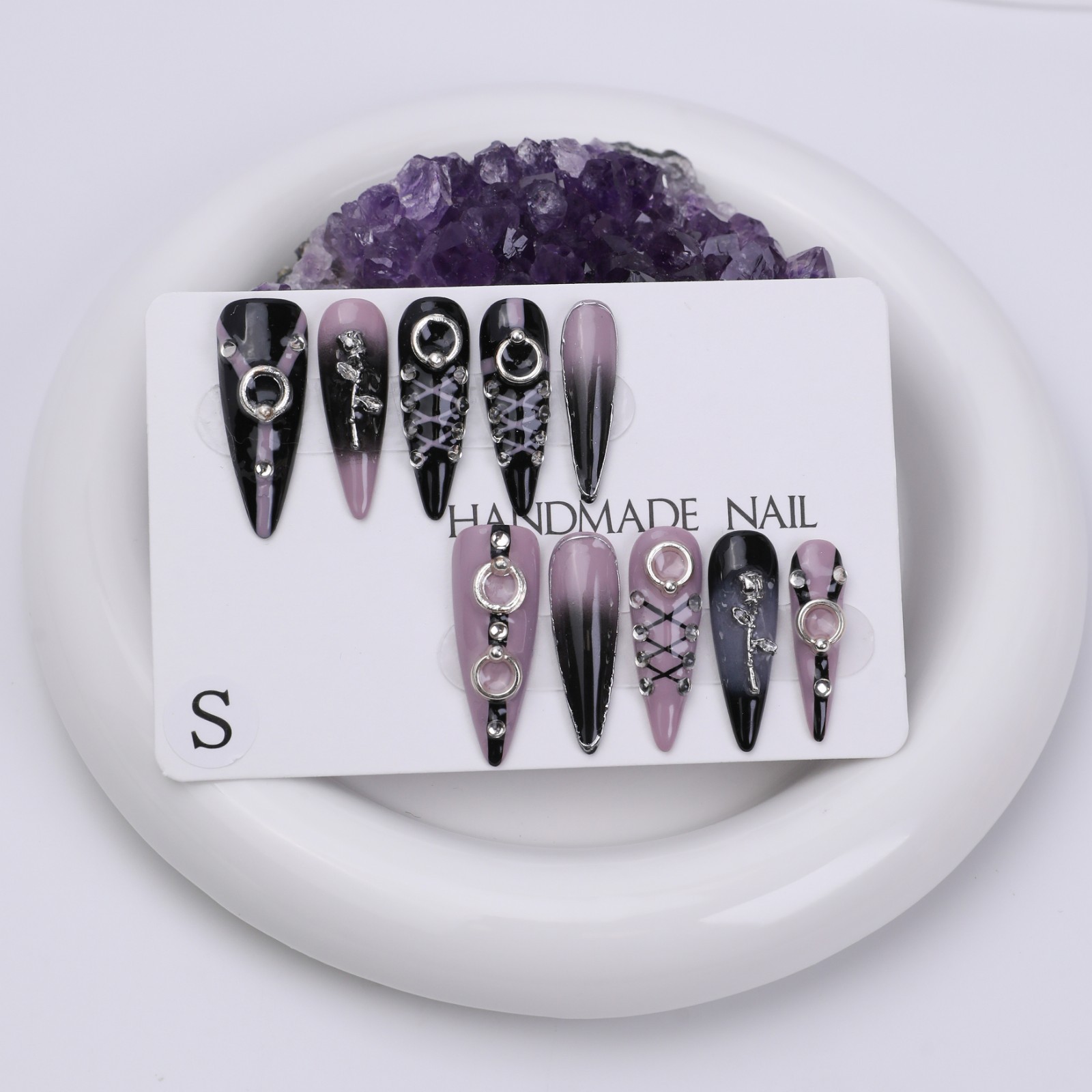 Black Purple Stiletto Press On Nails Long Gothic Rhinestone Reusable Set Glue On
