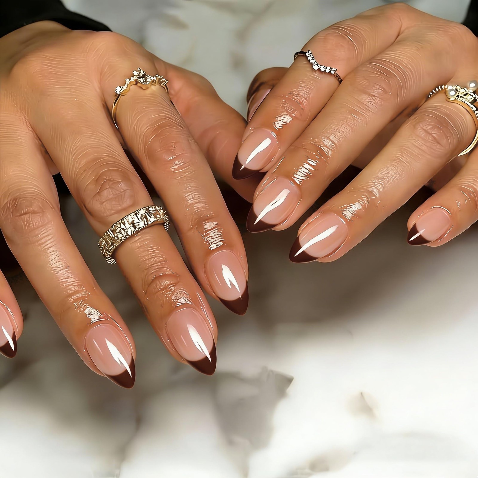 SXVME Chrome Brown French Tip Press on Nails Short Almond, Glazed Cute Fake N…