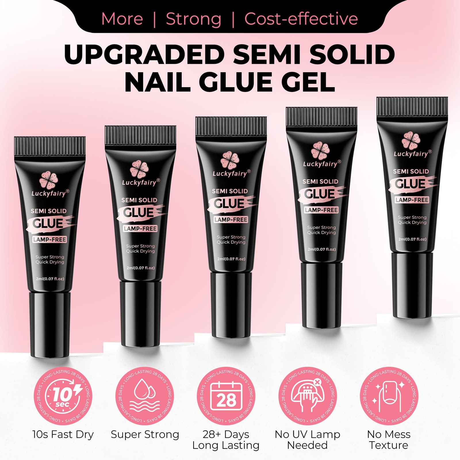 Luckyfairy 5pcs Super Strong Nail Glue for Press On Nails, Fast-Drying No Lamp N