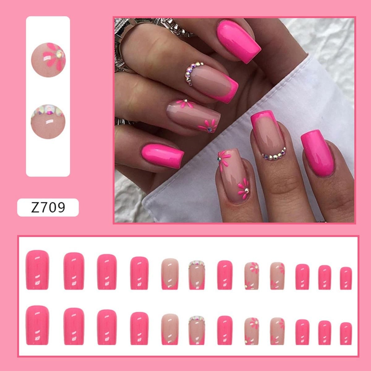 Hot Pink Press on Nails Medium Square Fake Nails French Tip False Floral Pink