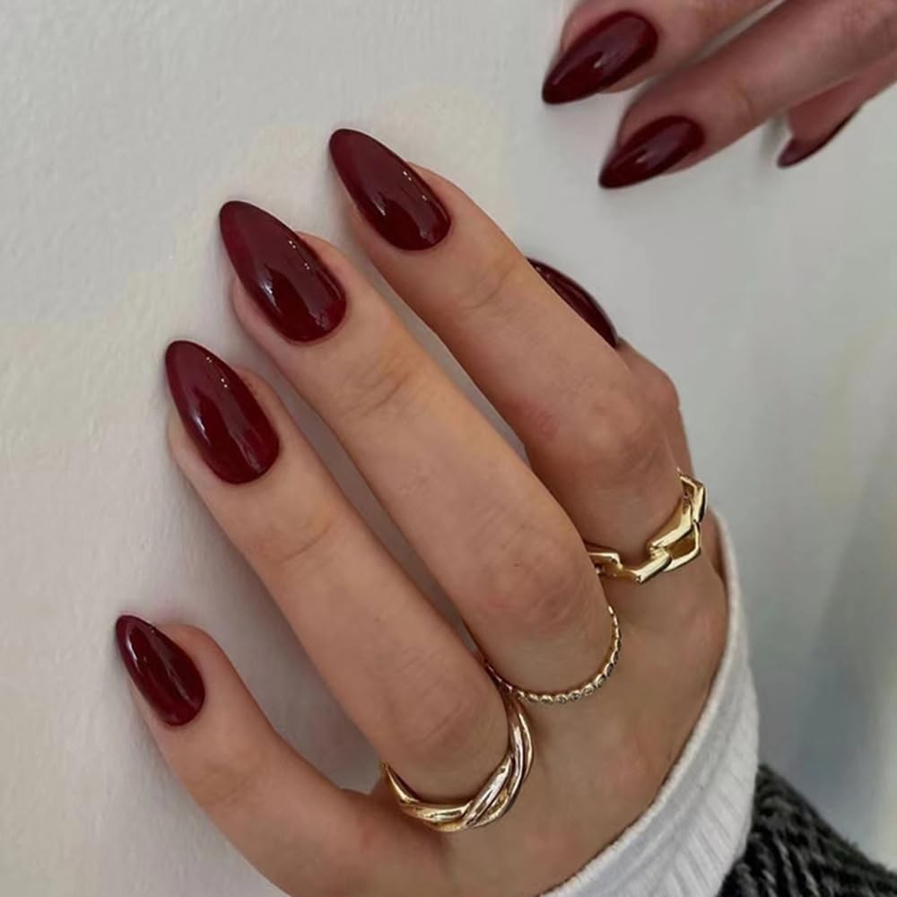 24Pcs Wine Red Press On Nails Short Oval,Thick Acrylic Nails Press Ons,Short …