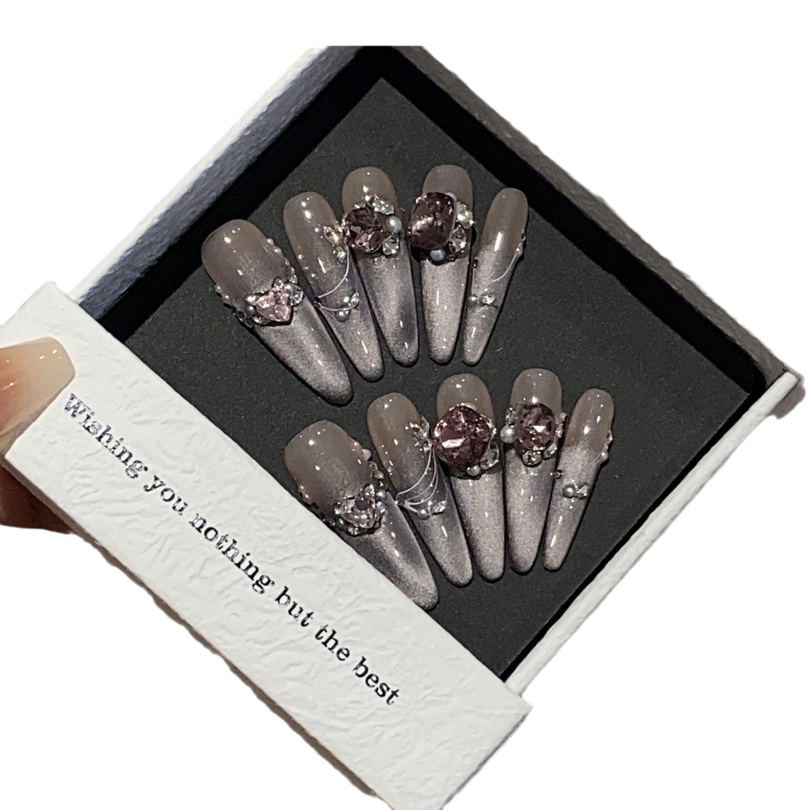 10Pcs Handmade Violet Butterfly Long Pointed Nails K9 Rhinestone Decor