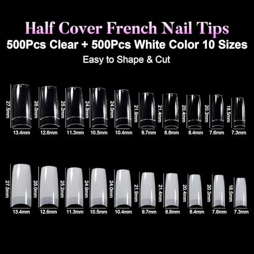 1000PCS Acrylic Nail Tips Half Cover False Tips French Fake Nail Tips Clear