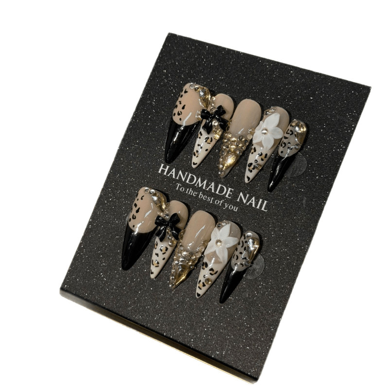 10pcs Stiletto Press on Nails, Leopard Print Black Tip Sparkly Stone Nail Art