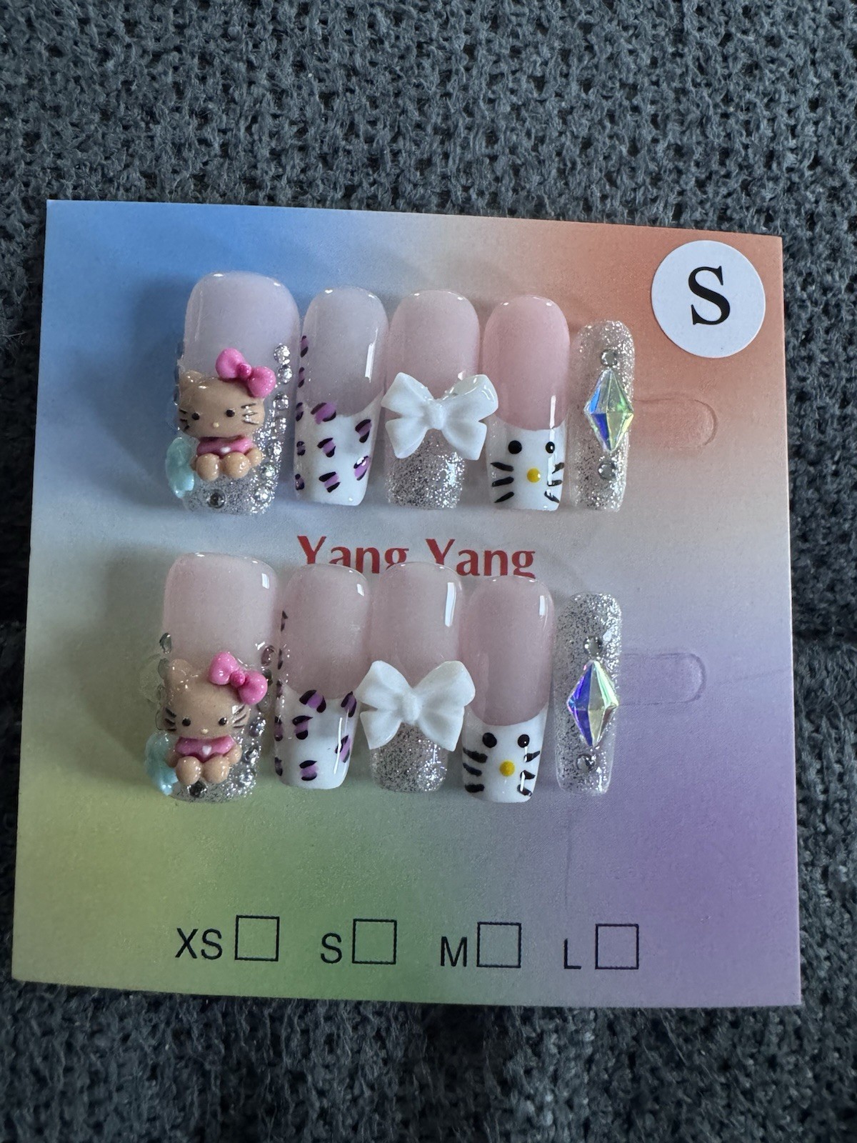 Square Bling Hello Kitty French Tip With 3d Bow Press On Nails Size Small New