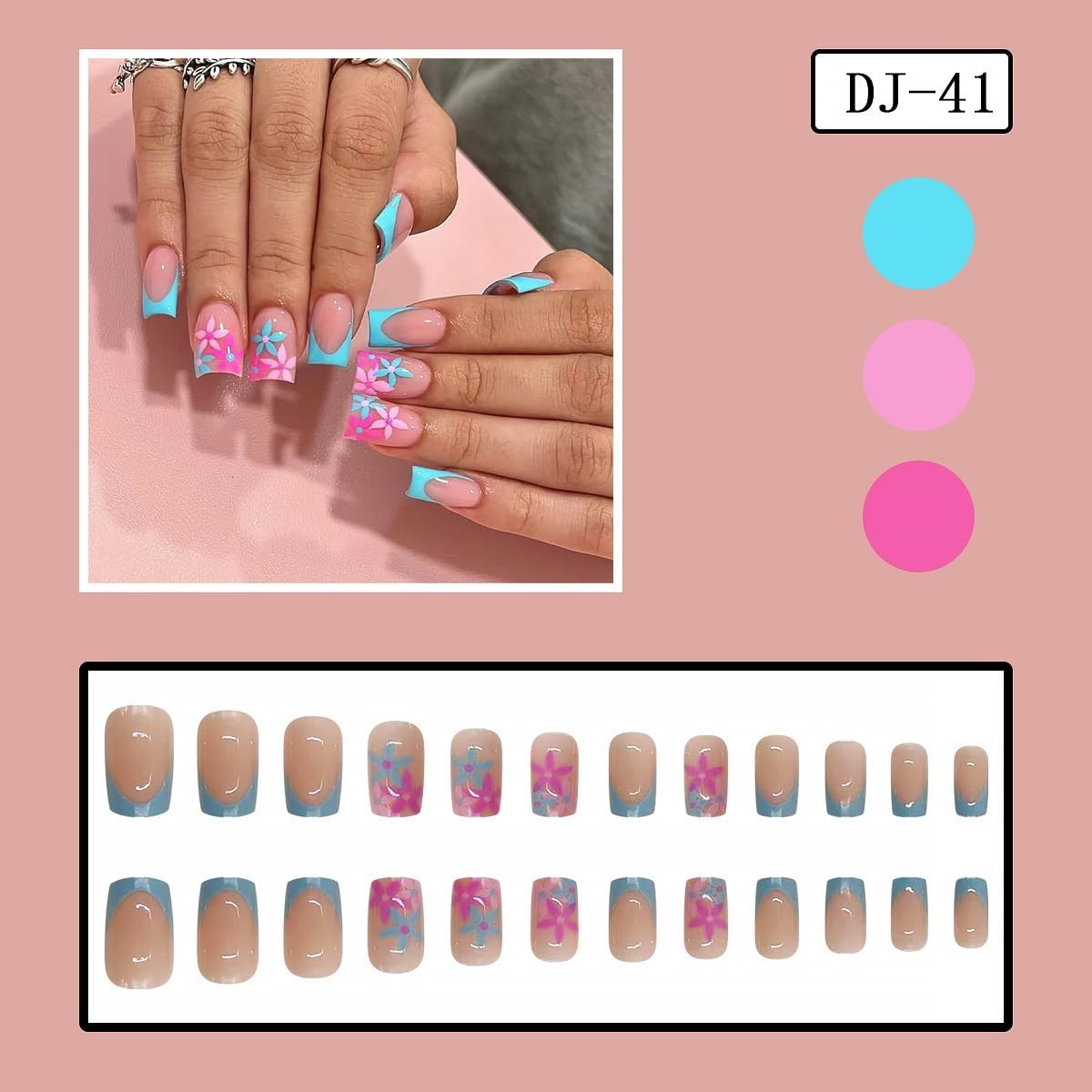 Stylish 24pcs Blue Floral French Tip Fake Nails – Perfect for Any Occasion