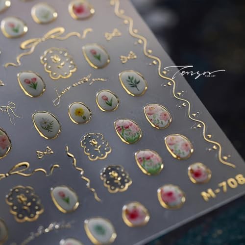Flower Nail Art Stickers Decals 5D Embossed Jelly tulip rose gold circle