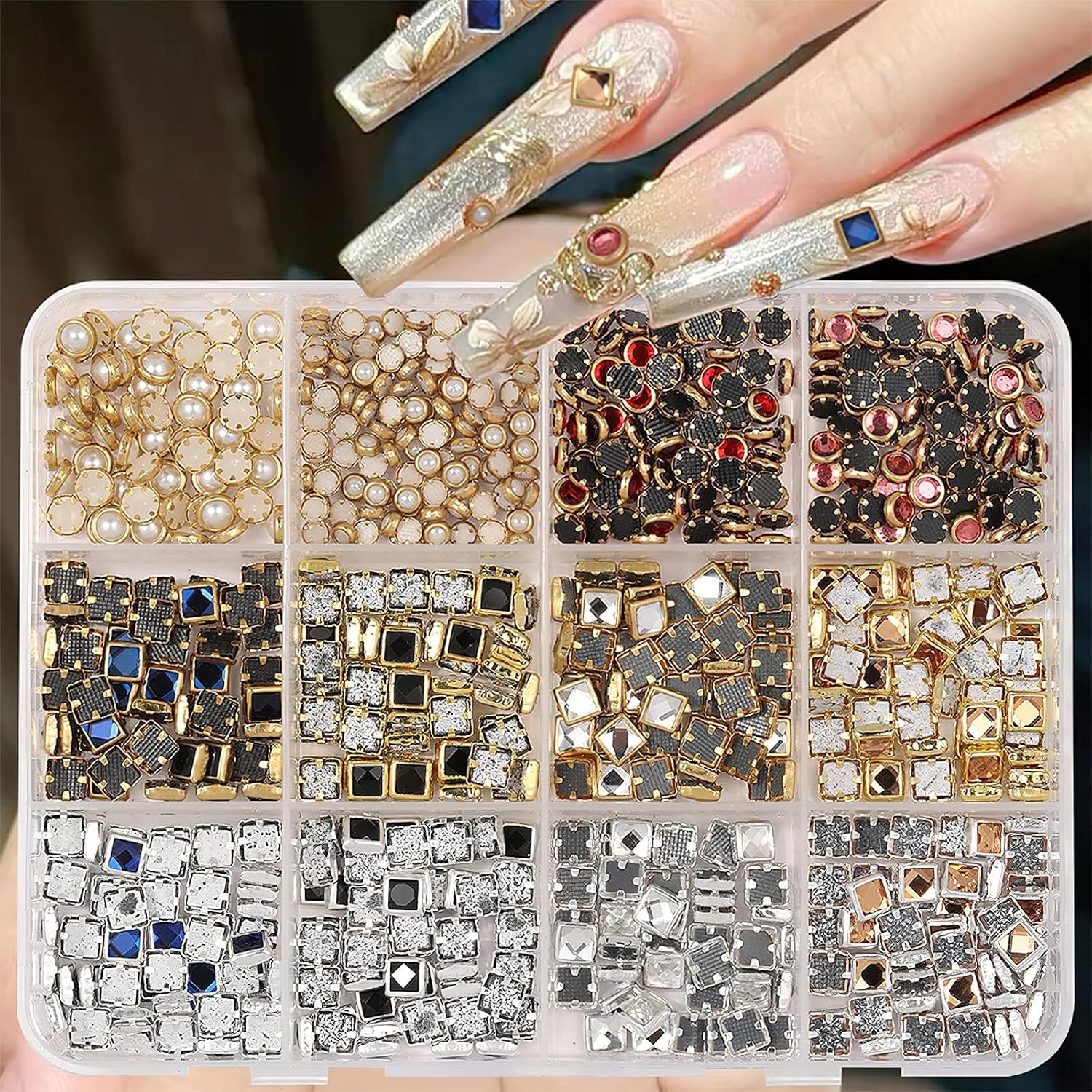 3D Nail Charms Rhinestones Metal Jewelry Nail Art Decoration 12 Grids