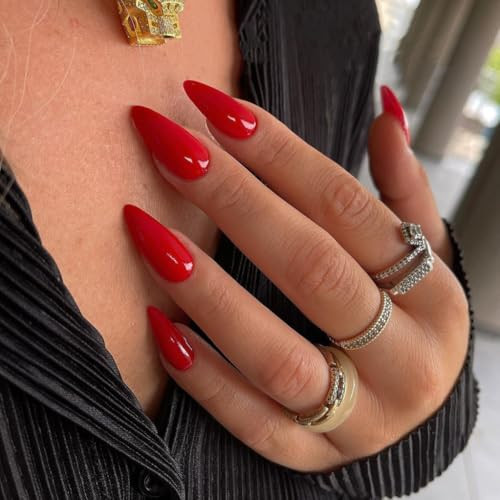 Light Red Press on Nails Medium Stiletto Almond, Glossy Press Glossy Vivid Red