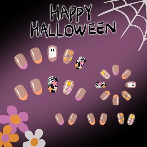 Halloween Press on Nails Short Almond Fake Nails Spooky and Style-A Style-6