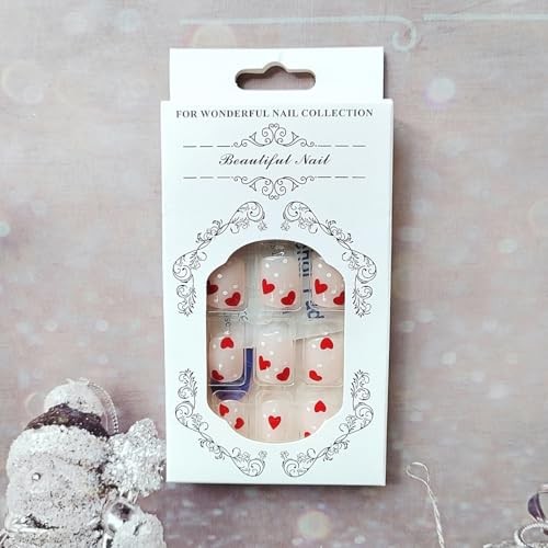 Heart Press on Nails Short Square With Design White Dots Love Fake square55