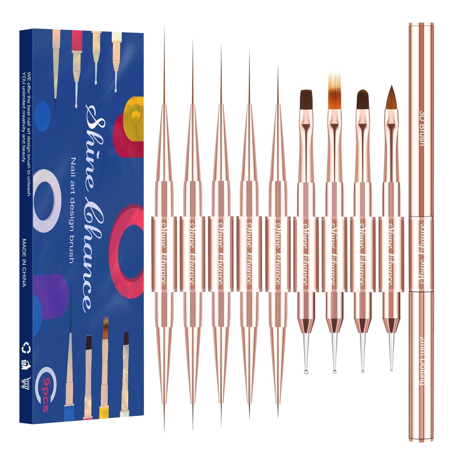 9Pcs Nail Art Brush Set – Double-Ended Acrylic Detail Brushes for Gel Polish & 3