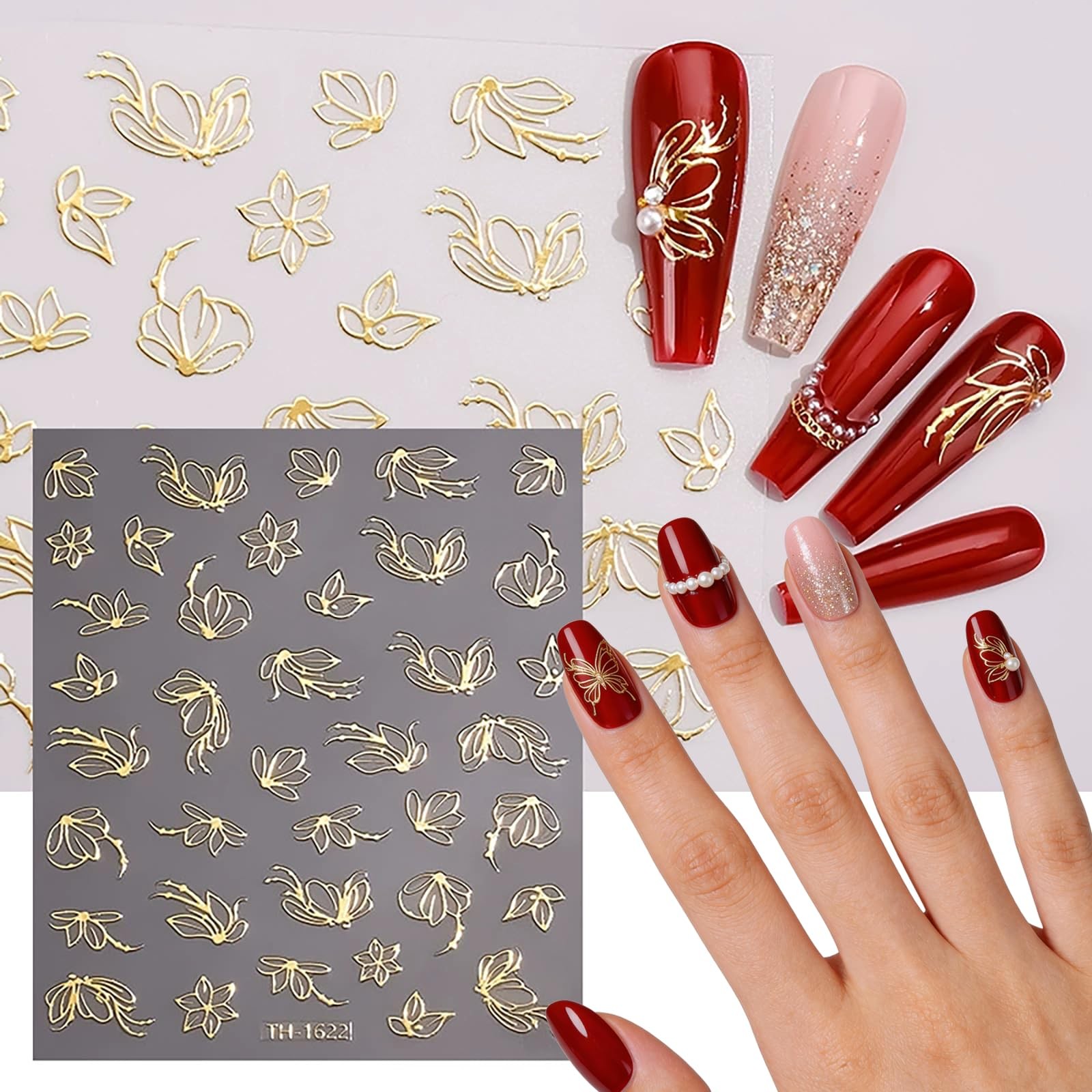 6 Sheets Gold Nail Stickers Set 3D Flower Leaf Butterfly Nail Art Stickers, -…