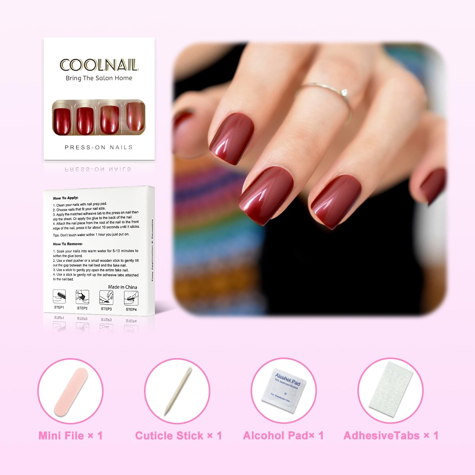 Short Press on Nails Square Wine Red Fake Nails Petite
