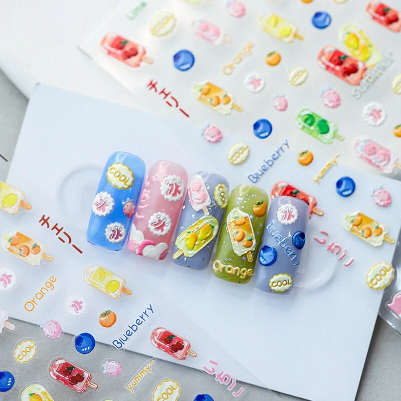 Blueberry Ice Cream Nail Decals, Summer Nail Stickers, Orange Ice Cream (146)