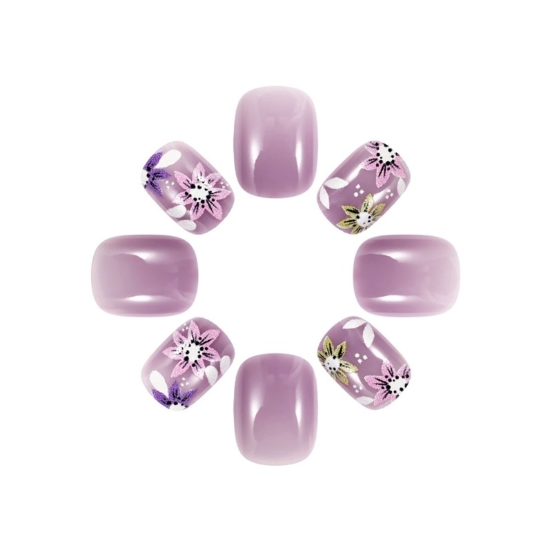 24 Pieces Short Square False Nail Purple Floral Designs Full Cover Nail Set