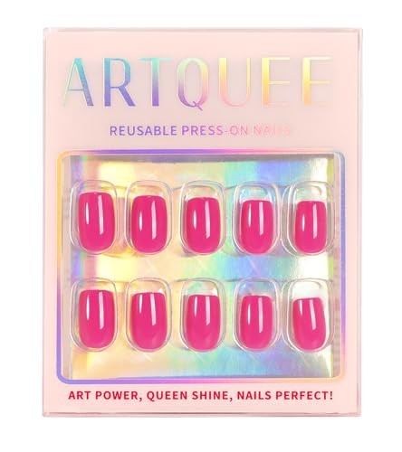 Press on Nails Short Square False Tips Glossy Reusable Fake Stick on Hot Pink