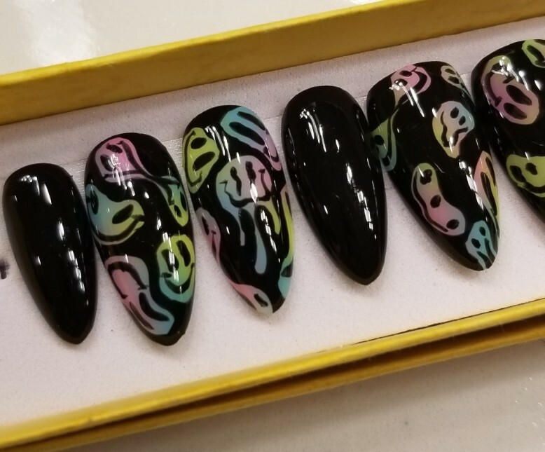 Custom Press On Nails Black Distorted Smileys Rainbow Ombre Trippy Almond