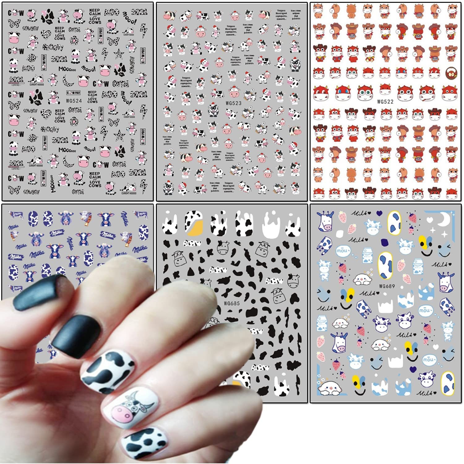 Cute Cow Nail Art Stickers, Cartoon Cow Nail Decals 3D -Adhesive Nail Sticker…