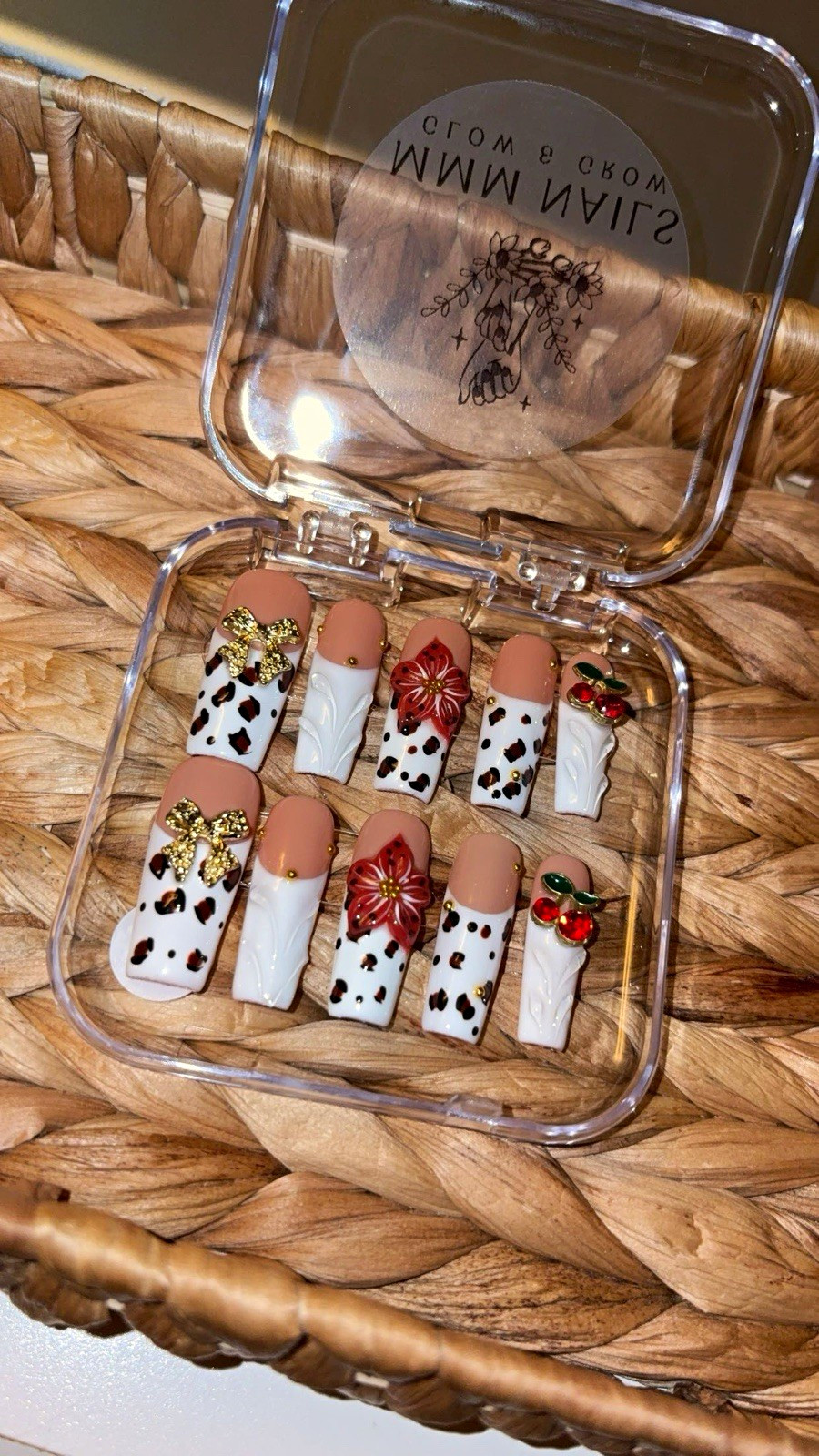 MMM Nails Long Square Press-On Nails Nude White Brown Gold 3D Flower Full Cover