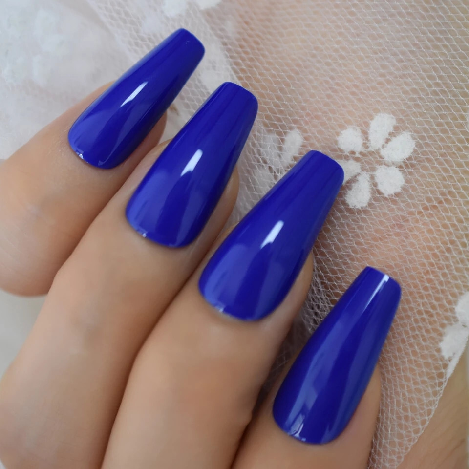 24 Press on nails kit w glue Long sapphire blue royal glossy