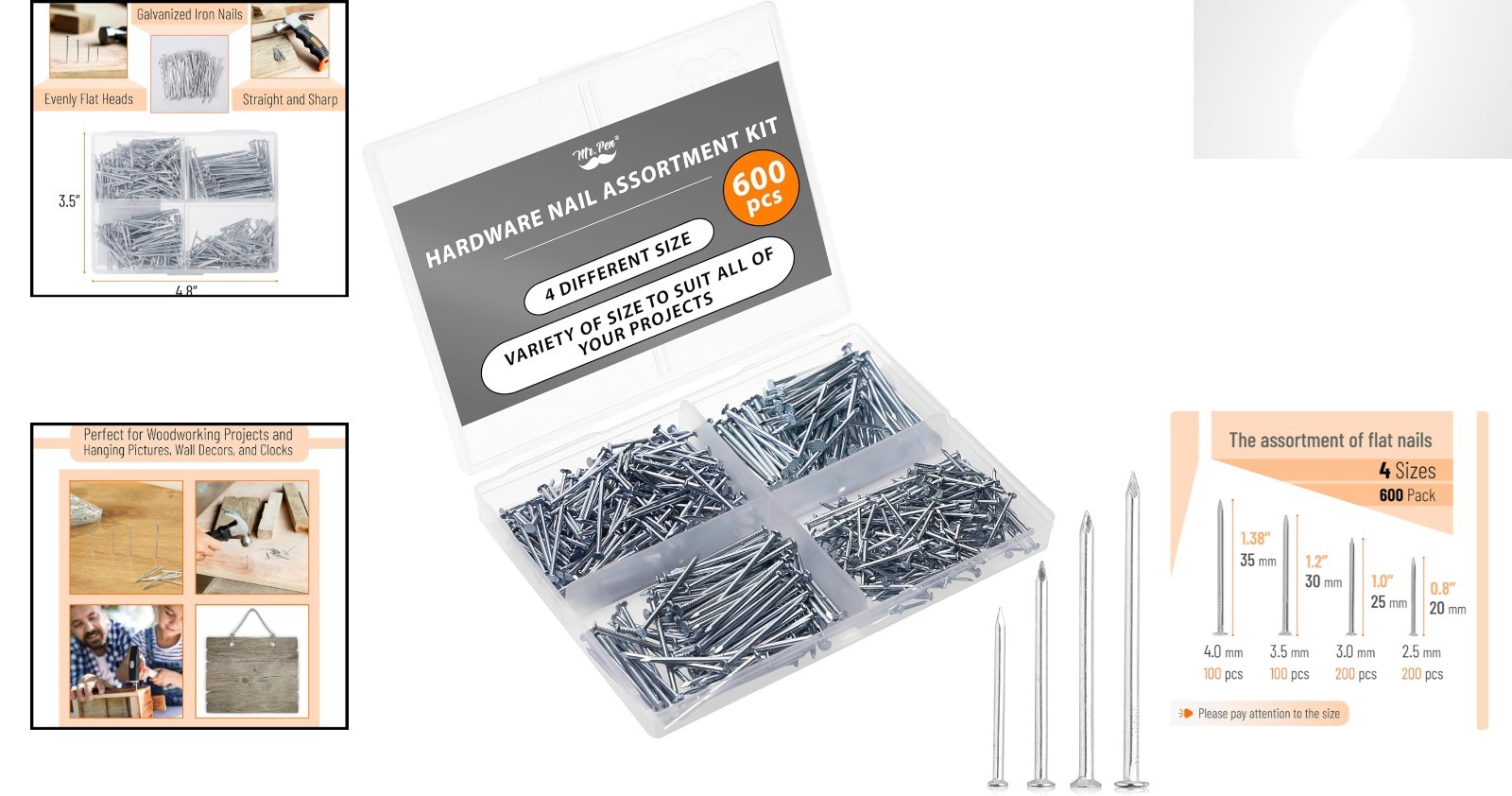 All-In-One Nail Assortment Kit – 600 Silver Nails, 4 Sizes for Every DIY Project
