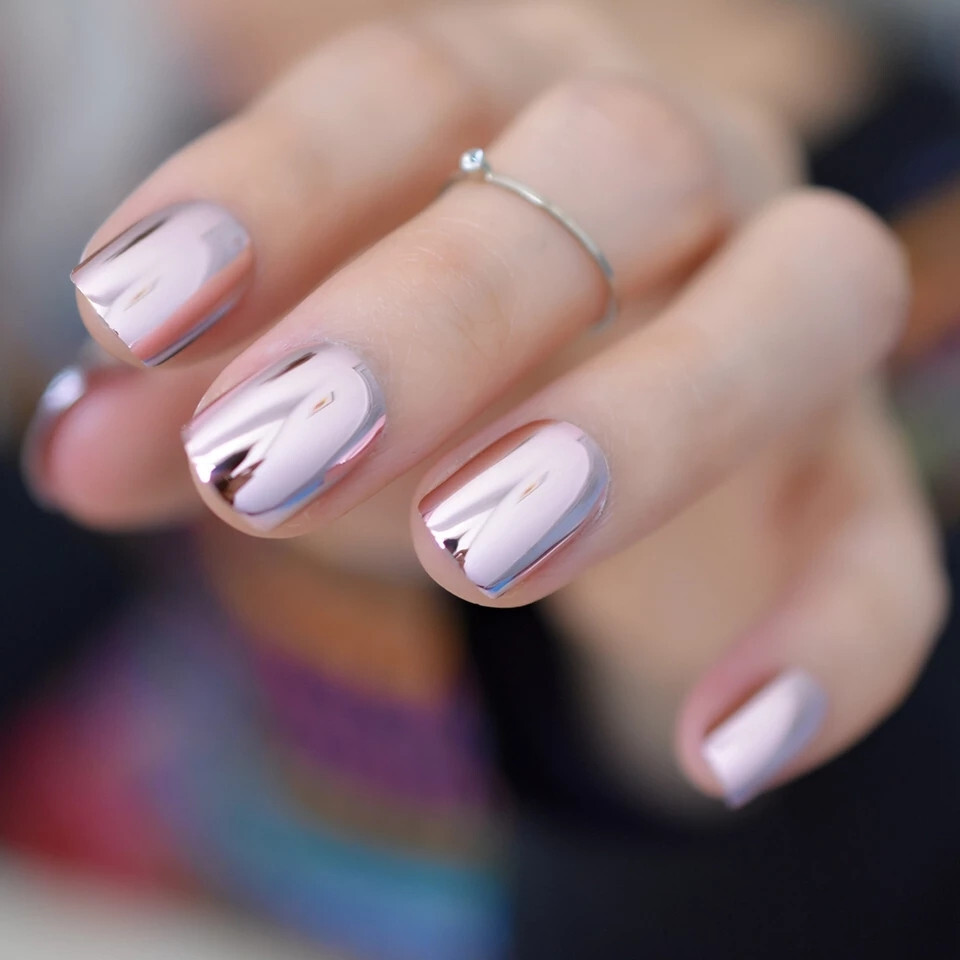 24 Short Press on nails kit w/ glue pink chrome mirror