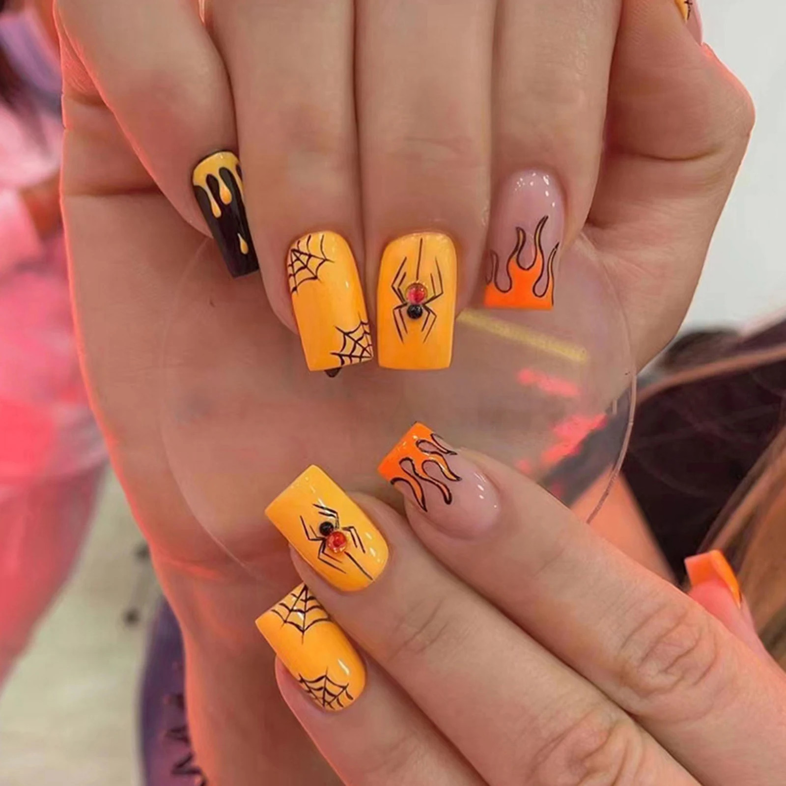 24pcs Halloween Spider Fake Nails French Coffin Full Cover Artificial Nail Tips