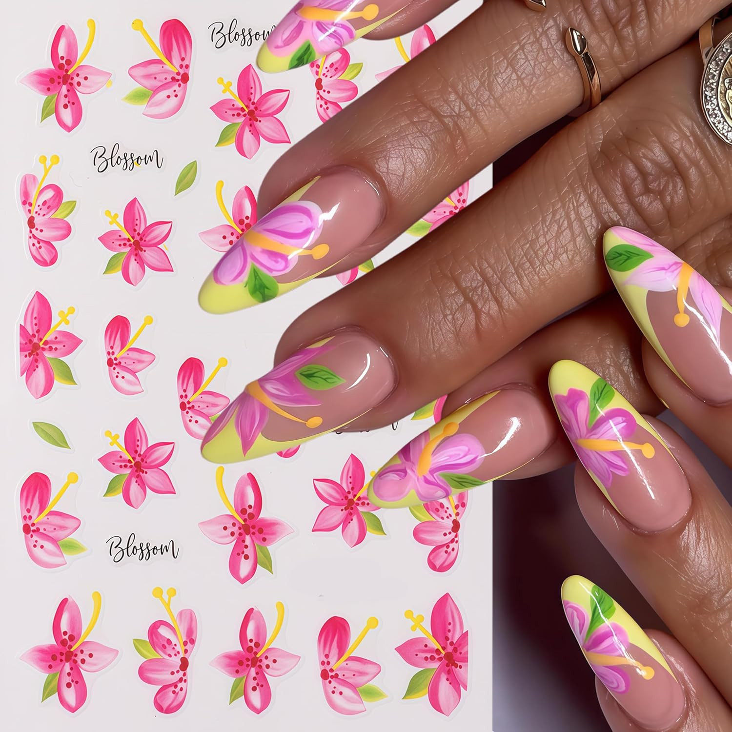 6 Sheets Flower Nail Art Stickers 3D Self-Adhesive Colorful Hawaiian Flowers Nai