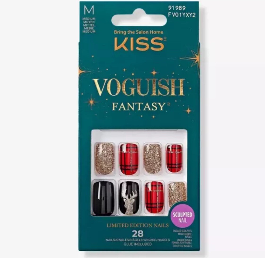 KISS VOGUISH Fantasy Medium Length Glue-On Plaid Glitter Holiday Nails New x1