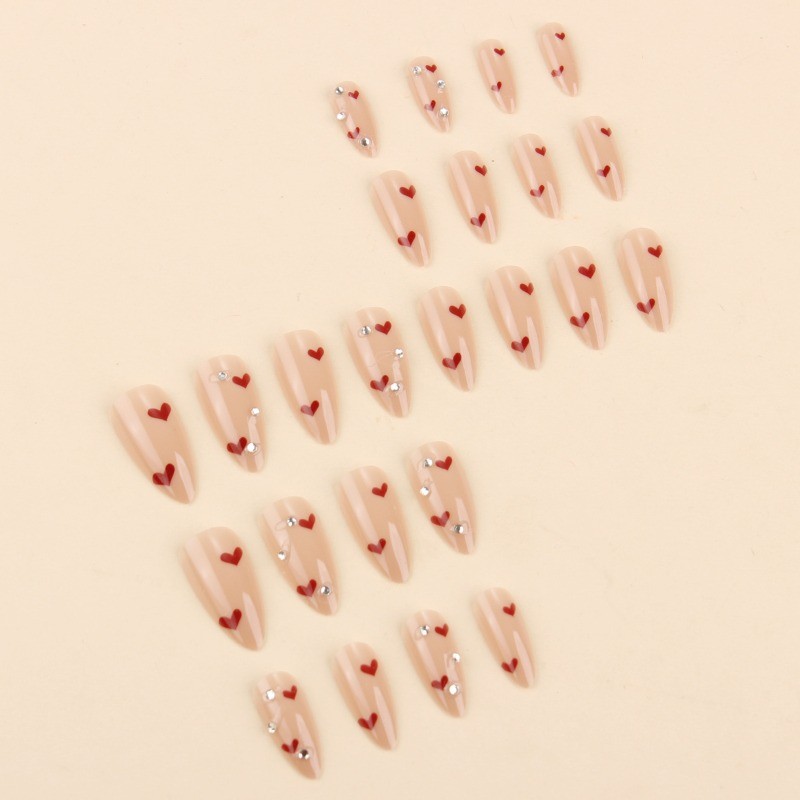 48Pcs-Sweet Oval False Nails Nude Red Heart Clear Rhinestone Press on Nails