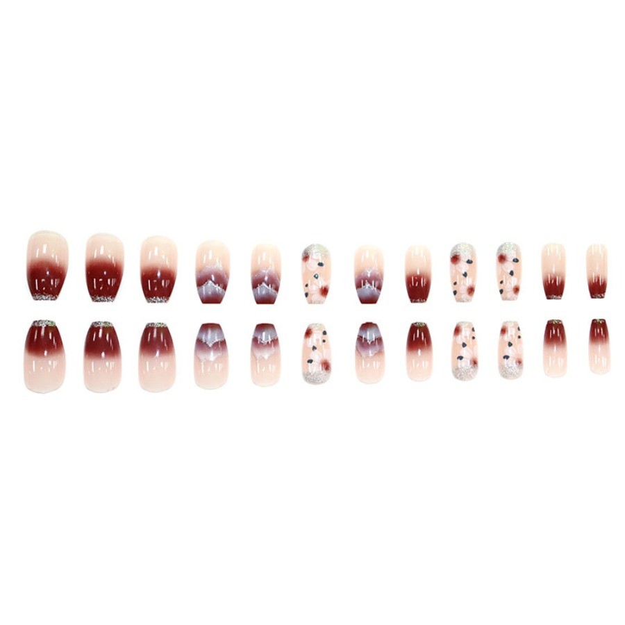 48Pcs Square Press on Nails, Wine Red Gradient Nails with Cherry Blossom Pattern