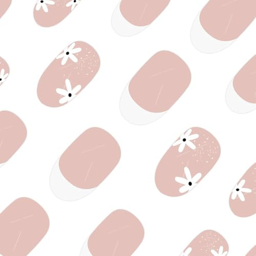 Flower Press on Nails Short Oval SWEKKE White French Tip Fake Almond Nails30