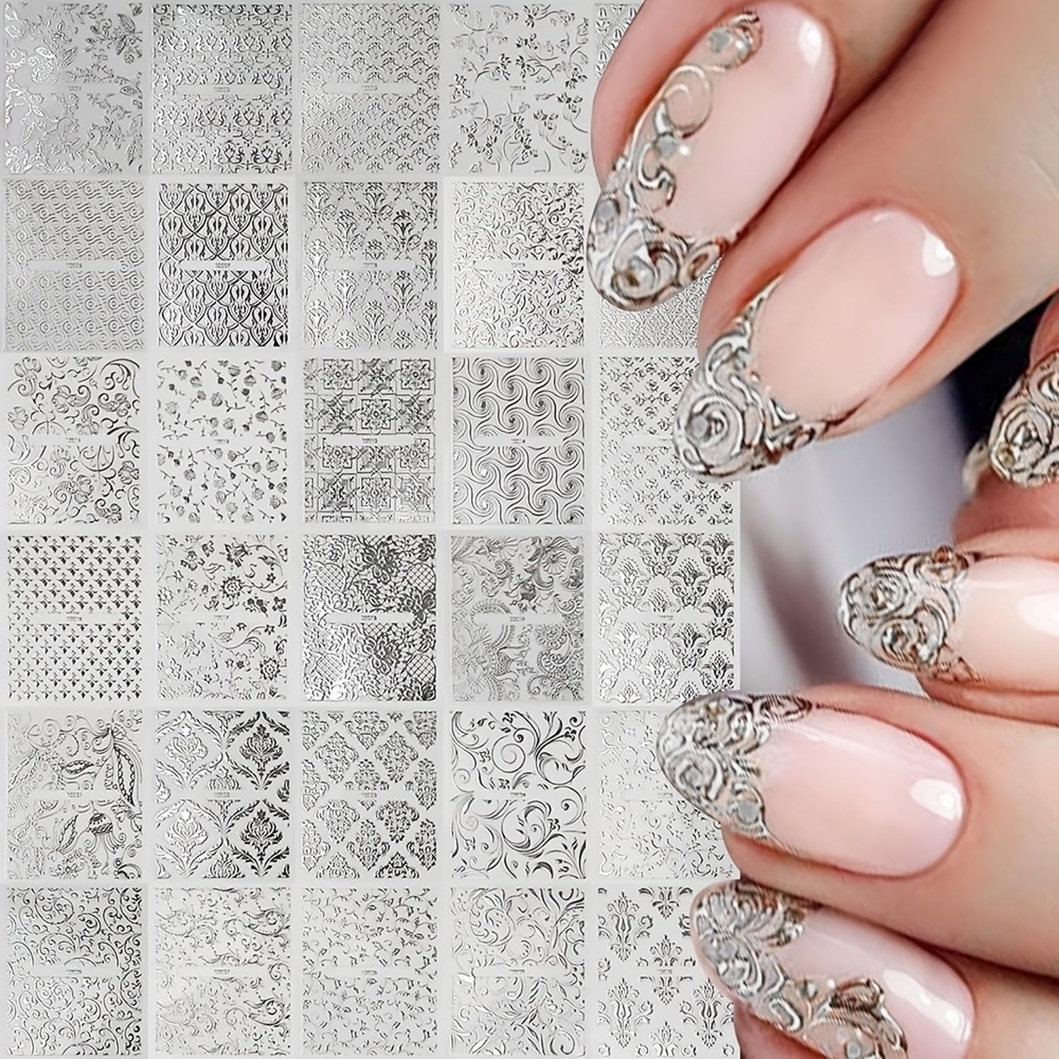 30 Quality Silver Lace Nail Decals – Easy Application for All Occasions