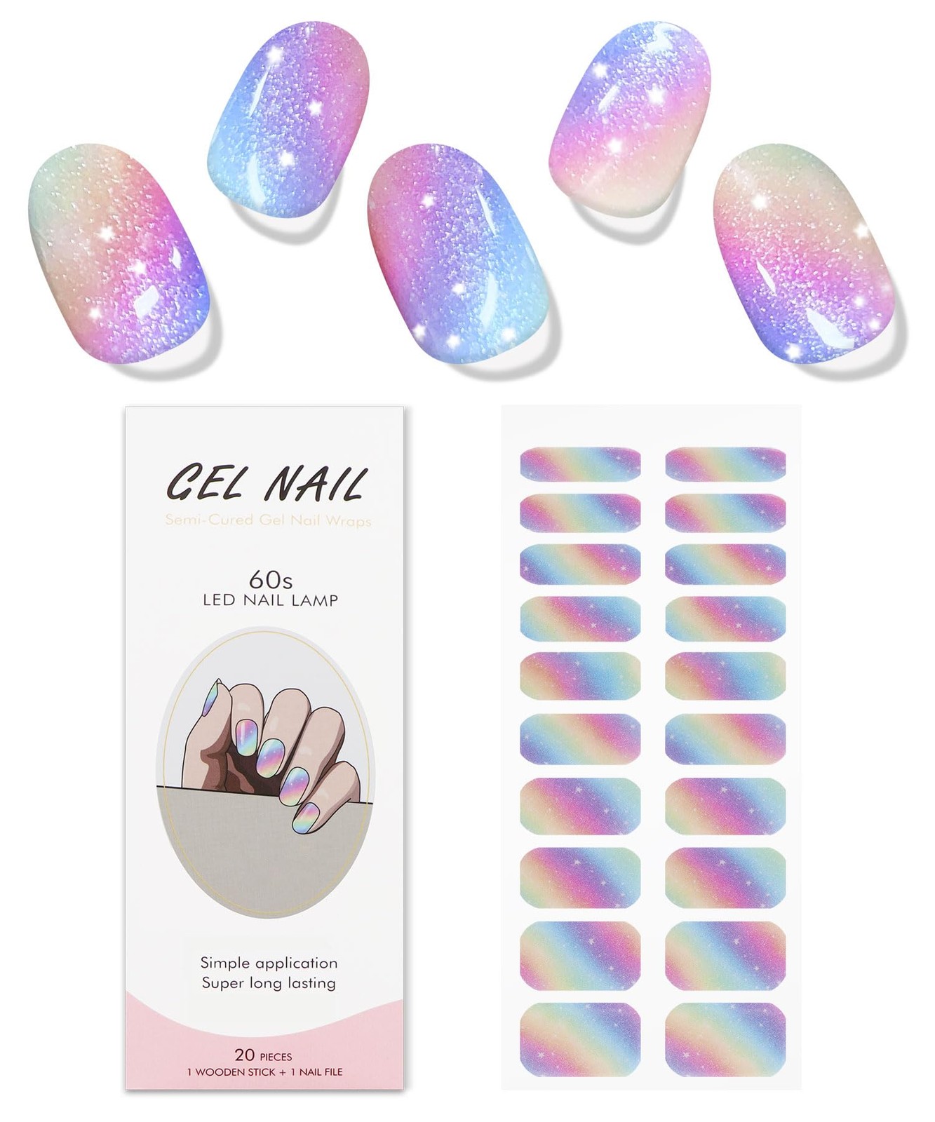Gel Nail Stickers Rainbow Glitter Semi Cured Gel Nail Strips Wraps UV/LED