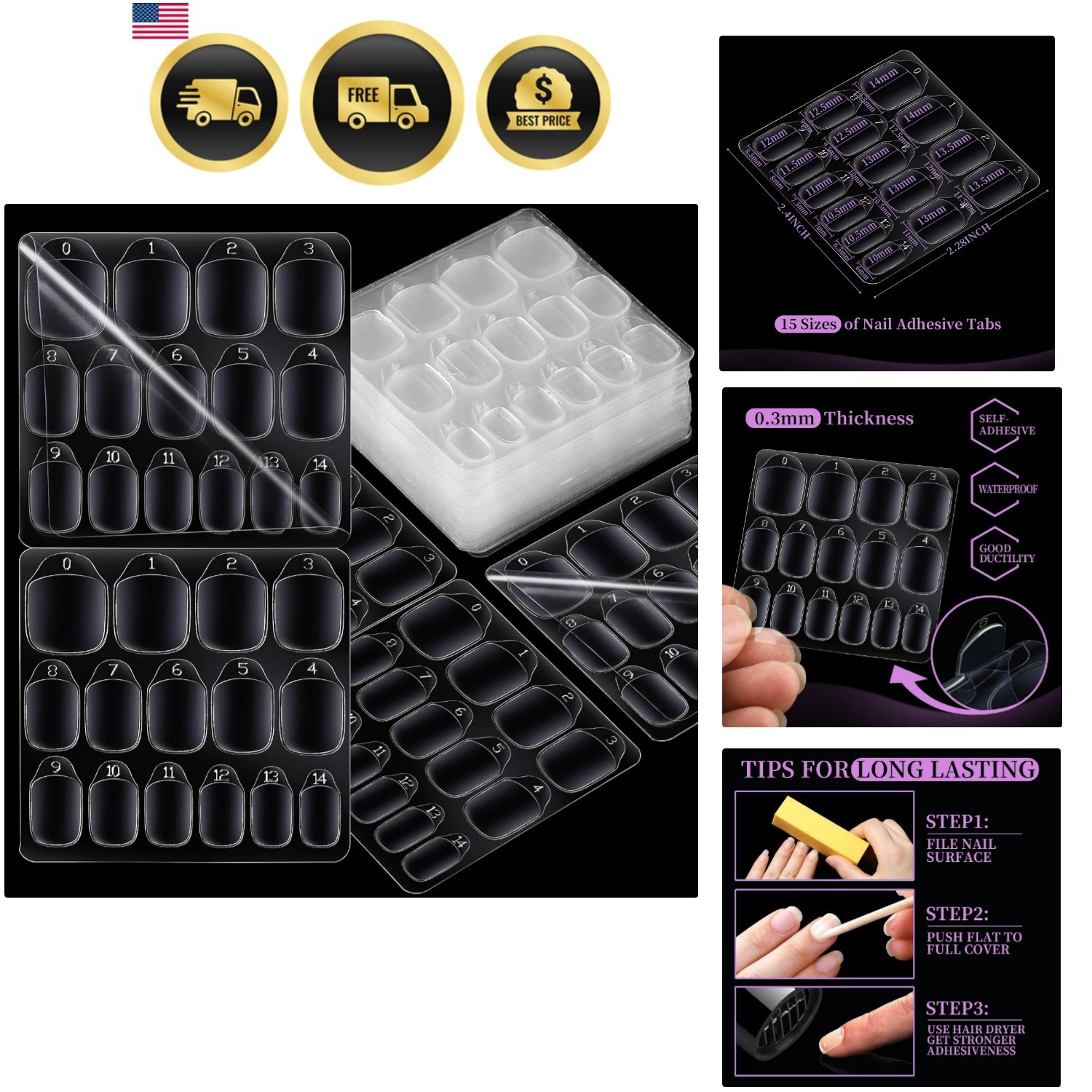 600pcs Press on Nail Adhesive Tabs, 15 Sizes of Nail Stickers for Press ons, …