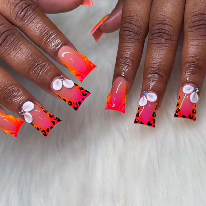 24pcs-Vibrant Fake Nails with Pink Orange Gradient, Leopard Tips and 3D Flowers