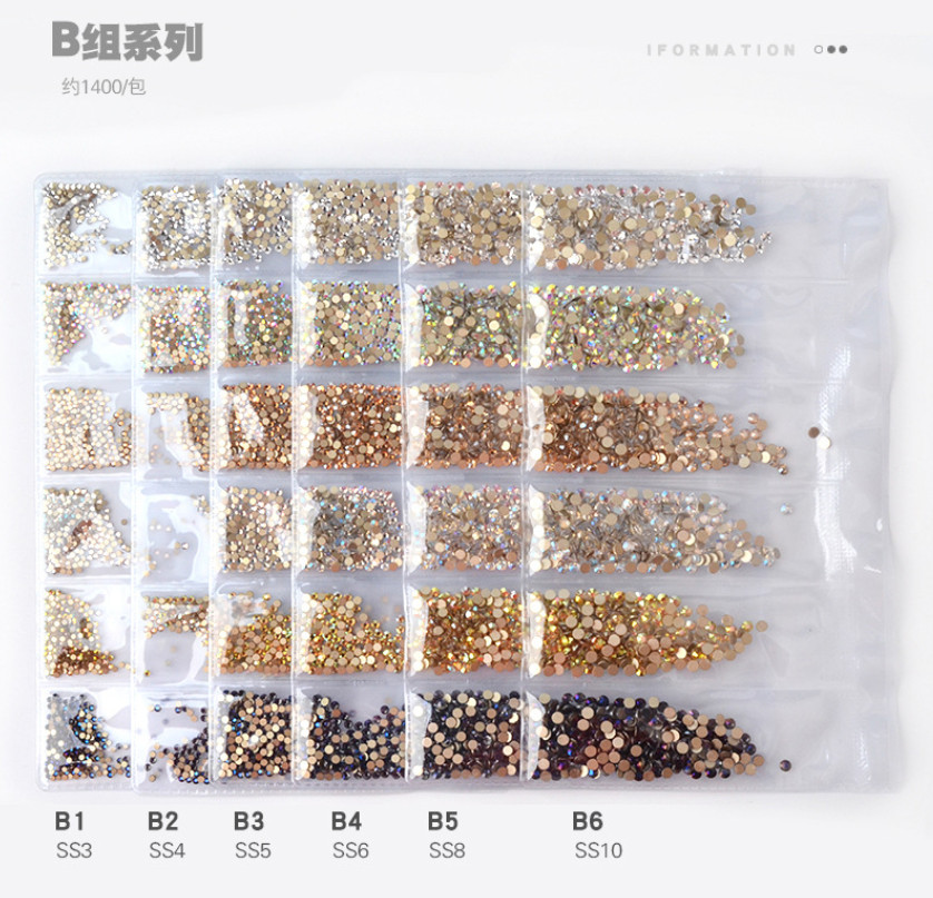 Mixed 1400Pcs SS3-SS8 Nail Art Crystal Glass Flat Back Faceted Rhinestone Beads