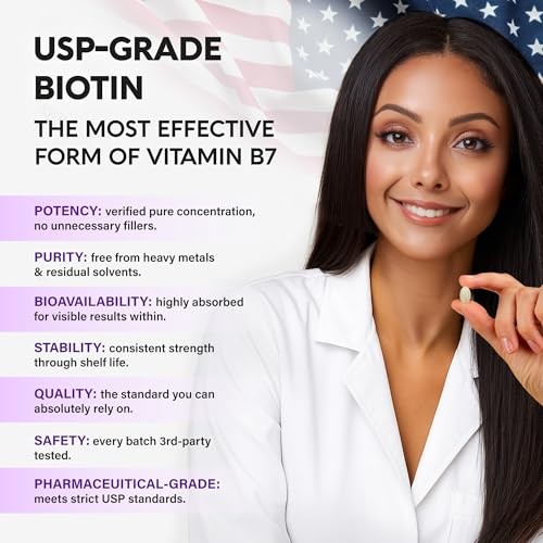 Biotin 10000mcg Supplement for Hair, Skin & Nails – Pharmaceutical Grade, Made