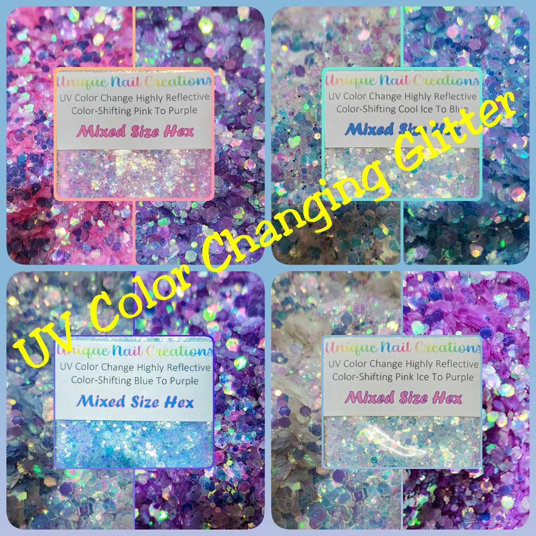 UV Color Change Highly Reflective MIXED SIZES HEXAGON-Nail Art•Face•Festival•USA