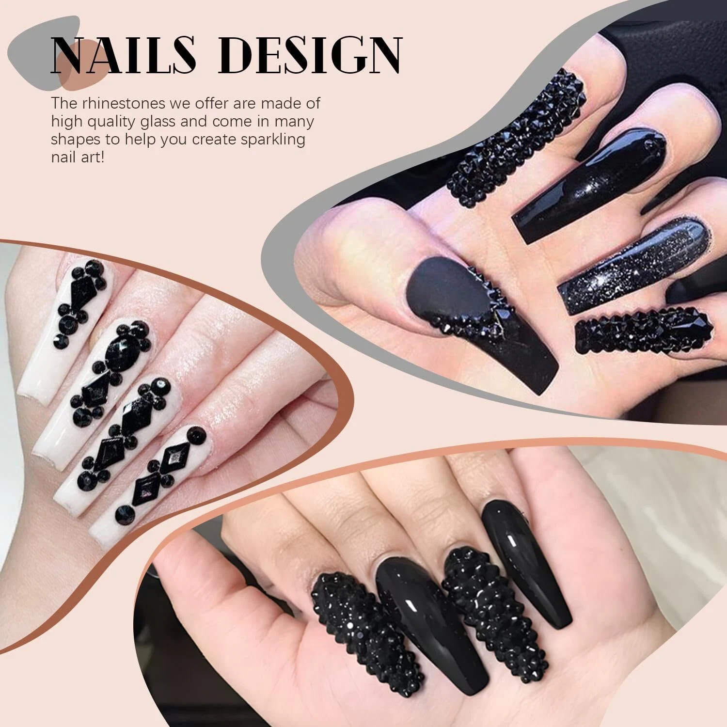 3220Pcs Black Glass Nail Rhinestones 120Pcs Multi Shapes Flatback Nail Gems +