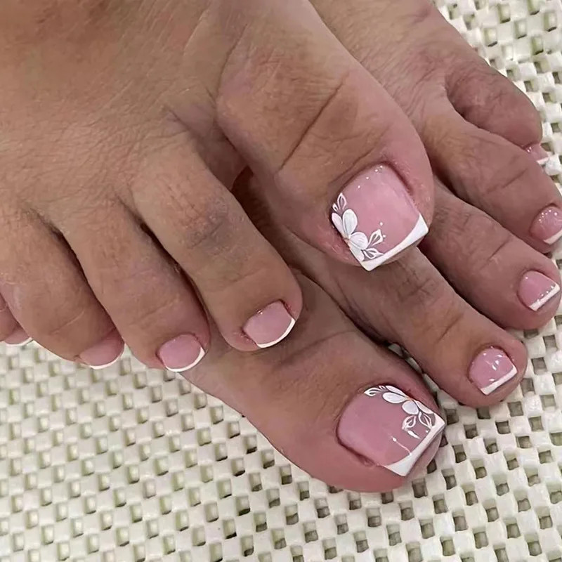 24pcs Sweet Pink Glitter Toenails French White Edge Detachable