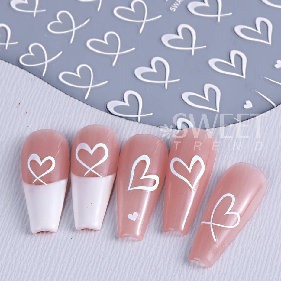 Nail Art Stickers 3D Black White Pink Lines Love Heart Nail Decals Adhesive 3PCS
